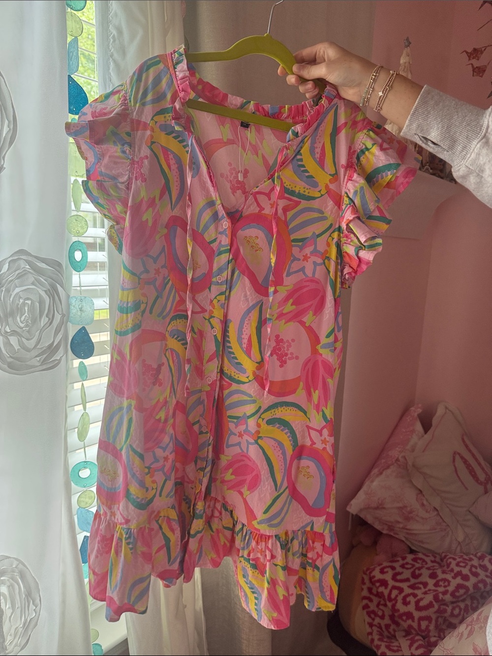 Girls' Pink Tropical Ruffle Dress